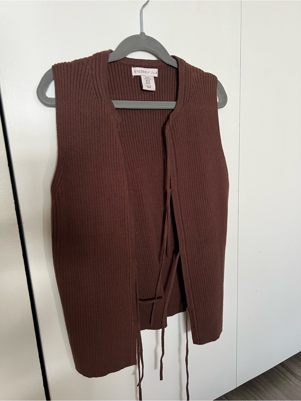 Sincerly Jules Chocolate Brown Ribbed Tie-Front Sweater Vest